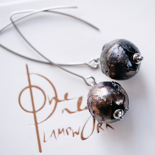 Tahitian Pearl Earrings, everyday chic jewelry, lampwork glass beads, black pearls, handmade jewelry