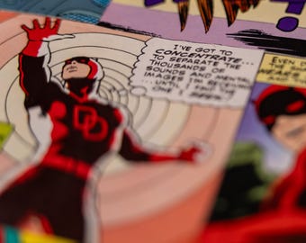 Marvel Daredevil Collage | 1-of-1 Marvel Mixed Media Wall Art Classic Yellow + Modern Red Suit Matt Murdock Handmade Geek Decor Wall Hanging
