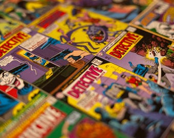 Silver Age Detective Comics Collage | Handmade DC Comic Card Wall Art | Batman, Robin, Joker, Batgirl | 1-of-1 Mixed Media Geek Decor