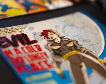 Black Widow Marvel Collage | 1-of-1 Marvel Comic Book Mixed Media Wall Art | Avengers #385: Evil in a Cold and Lonely Place Framed Spy Decor