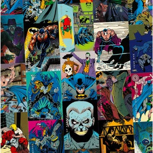 May include: A collage of Batman comic book covers and illustrations. The images feature Batman, Robin, The Joker, and other characters. The artwork is colorful, with dynamic poses and action scenes. Some covers include text like "Knightquest" and "Year One".