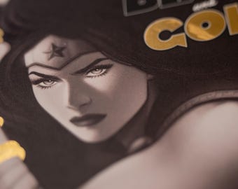Wonder Woman Black & Gold Collage | 1-of-1 DC Comics Mixed Media Wall Art Diana Prince Black and Gold Era | Handmade Geek Decor Wall Hanging