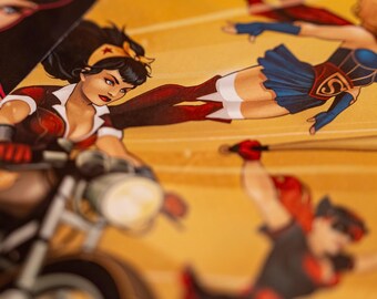 DC Bombshells Collage | 1-of-1 DC Comic Mixed Media Wall Art: Wonder Woman, Supergirl, Batgirl & Mera | Handmade Geek Decor Wall Hanging