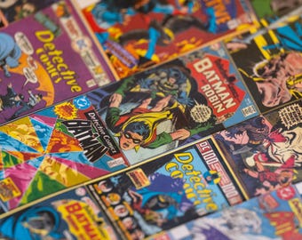 Silver Age Detective Comics Collage | Handmade DC Comic Card Wall Art | Batman, Robin, Joker, Hawkman | 1-of-1 Mixed Media Geek Decor