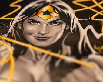 Wonder Woman Black & Gold Collage | 1-of-1 DC Comics Mixed Media Wall Art: Lasso of Truth, Amazon Warrior | Handmade Geek Decor Wall Hanging