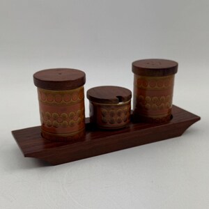 Vintage Hornsea Heirloom Salt Pepper Mustard Set with Tray, Mid Century Kitchen Set, 1970s Saffron Pottery Cruet Set