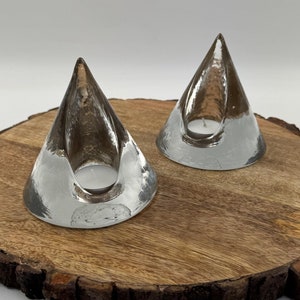 Vintage Klaus Breit Ice Glass Candle Holders Set of 2, Wiesenthalhütte Pyramid Tealight Holders, West Germany 1970s Sculptural Glass