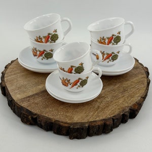 Vintage Arcopal France Cups and Saucers Set – Retro Milk Glass Coffee Cups – Floral French Kitchenware 1970s