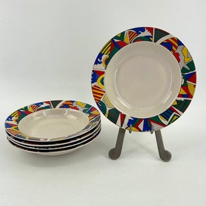 Vintage Tulowice Memphis Style Dinner Plates Set of 5 – Polish Porcelain – 1980s Postmodern Tableware