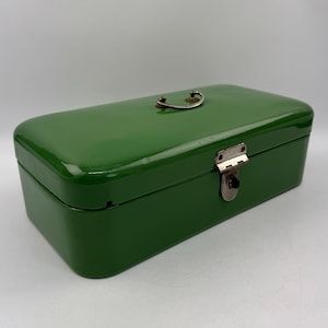 Boîte à pain vintage en émail vert – Boîte de rangement de cuisine néerlandaise des années 1960 avec couvercle – Style moderne du milieu du siècle