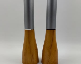Vintage Bodum Salt and Pepper Mills by Georg Fontana – Danish Teak & Aluminum Grinder Set 1990s