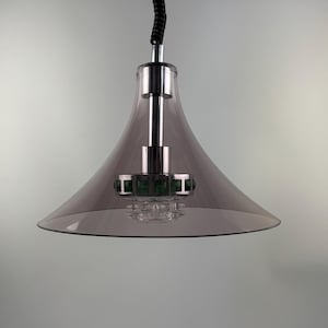 Vintage Space Age UFO Pendant Lamp Smoked Plexiglass Chrome Green Glass 1970s Mid Century Modern Ceiling Light
