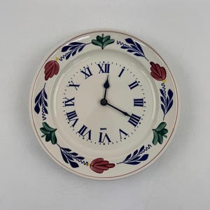 Boch Boerenbont Wall Clock Ceramic 1980s Roman Numerals Vintage Kitchen Clock Floral Dutch Decor
