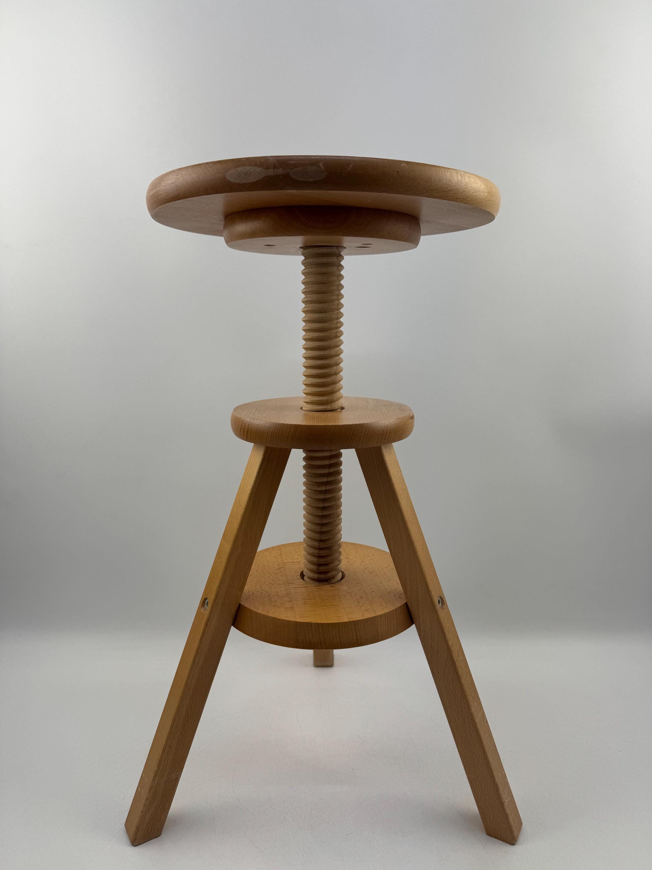 Vintage Adjustable Wooden Stool, 1980s Beech Wood Screw Stool