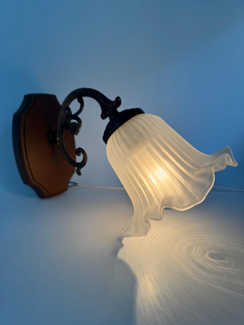 May include: A vintage wall sconce with a brown wooden base and a decorative black metal arm. The sconce features a frosted glass shade shaped like a flower, casting a soft light. The design is reminiscent of antique lighting fixtures.