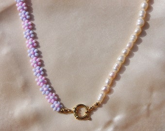 Pink Daisy Beaded Necklace with Freshwater Pearls
