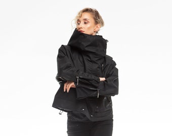 CELINE Black Jacket with Large Hood, Streetwear Waterproof Hooded Oversized Short Jacket