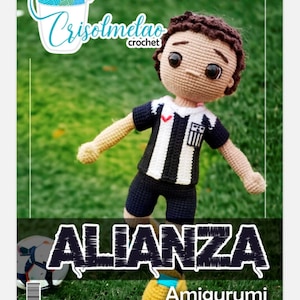 May include: A crocheted amigurumi doll of a soccer player wearing a black and white striped jersey and black shorts. The doll has brown hair and is standing on a green surface. The word "ALIANZA" is displayed in large white letters.