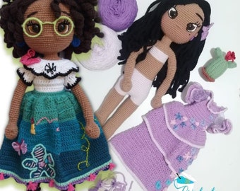 Mirabel and Isabella amigurumi pattern in pdf in SPANISH removable outfit 40 cm and 43 cm high respectively