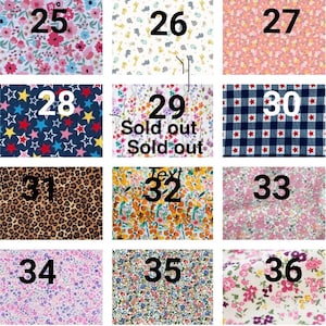 K&ouml;nnte beinhalten: Ein Raster aus zw&ouml;lf Stoffmustern, nummeriert von 25 bis 36. Die Muster umfassen Blumendrucke in Pink, Blau und Gelb, ein Safari-Tiermotiv, ein marineblaues Sternenmuster, ein marineblau-wei&szlig;es Vichy-Karo mit Sternen und ein Leopardenmuster.
