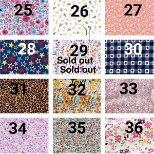 May include: A grid of twelve fabric swatches labeled 25 through 36. Patterns include floral prints in pink, blue, and yellow, a safari animal print, a navy blue star pattern, a navy and white gingham check with stars, and a leopard print.