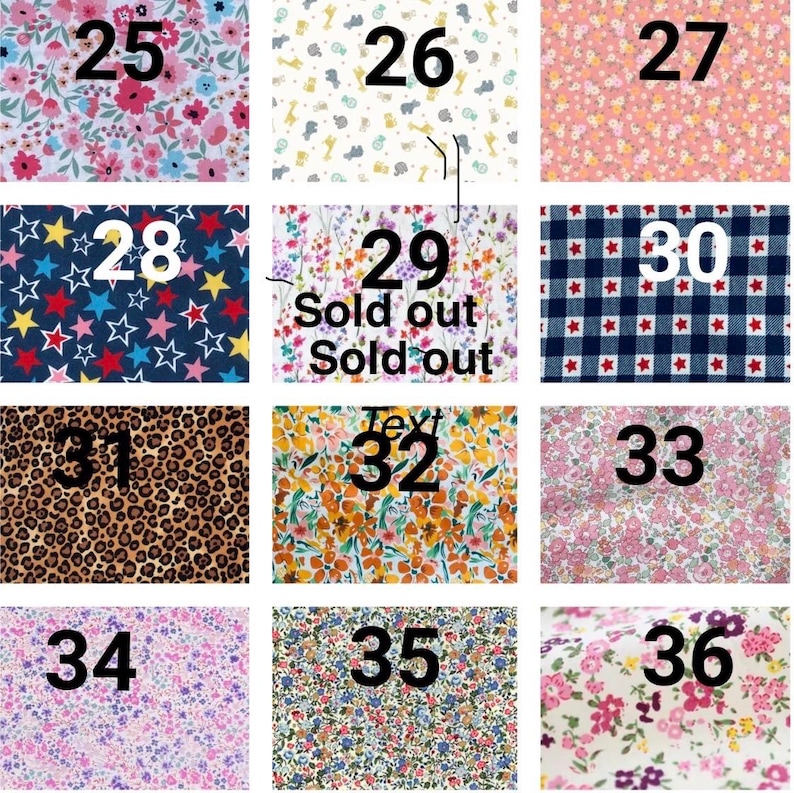May include: A grid of twelve fabric swatches labeled 25 through 36. Patterns include floral prints in pink, blue, and yellow, a safari animal print, a navy blue star pattern, a navy and white gingham check with stars, and a leopard print.