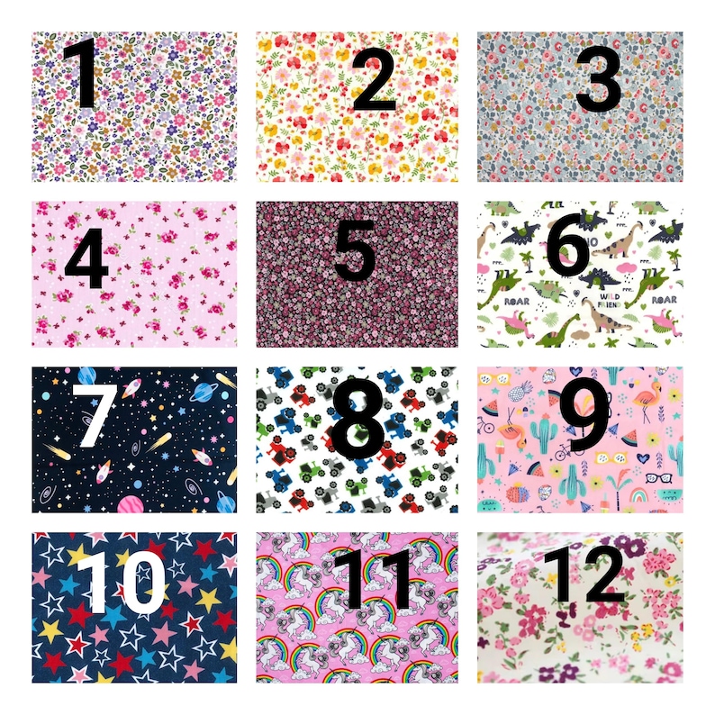 May include: A grid of twelve fabric swatches featuring various patterns including floral prints, dinosaurs, space themes, tractors, flamingos, stars, and unicorns, each labeled with a large black number from one to twelve for identification.
