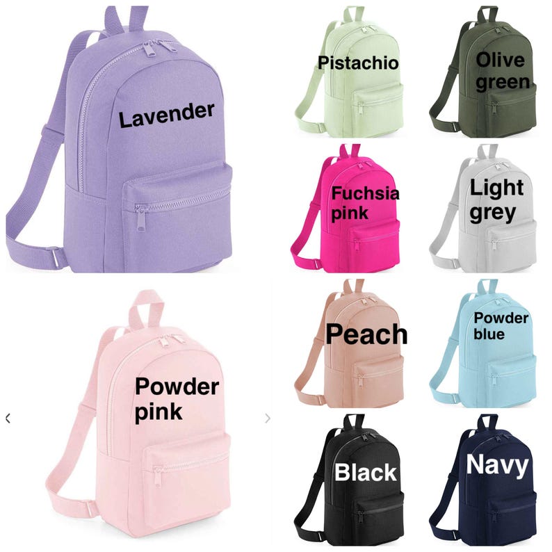 May include: A collection of ten backpacks in various colors including lavender, pistachio, olive green, fuchsia pink, light grey, powder pink, peach, powder blue, black, and navy. Each backpack features a main zippered compartment and a front pocket.