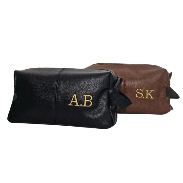 Embroidered Personalised Toiletry Leather Wash Bag with initials • Gift for him • Groom • Dad • Best Man •