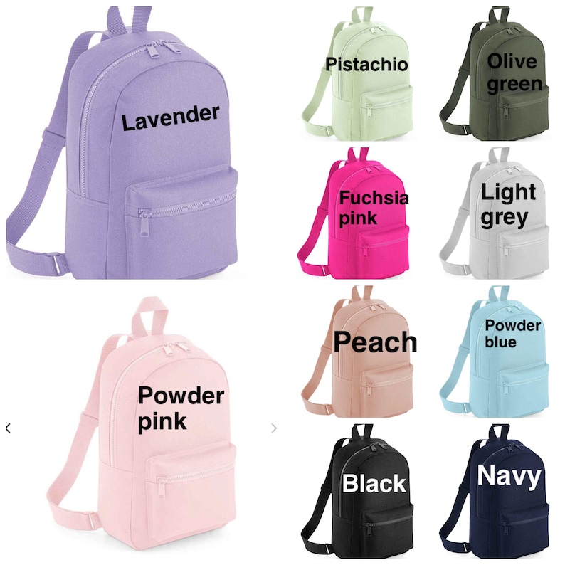 May include: A set of ten mini backpacks in various colors, including lavender, pistachio, olive green, fuchsia pink, light grey, peach, powder blue, powder pink, black, and navy. Each backpack has a zipper closure and adjustable straps.