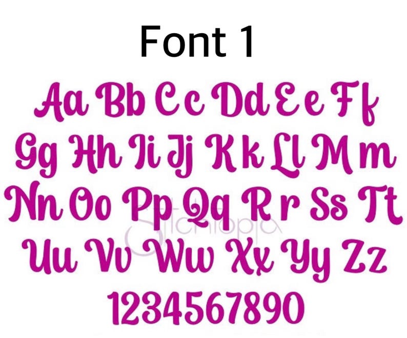 May include: A digital display of Font 1 featuring the full alphabet in uppercase and lowercase letters, along with the numbers 0 through 9. The characters are rendered in a bold, magenta, cursive script style against a plain white background.