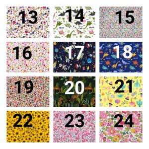 May include: A grid of twelve fabric swatches labeled 13 through 24, featuring various patterns including floral prints, dinosaurs on white and blue backgrounds, space themes, jungle animals, summer icons on yellow, and dense sunflower and pink flower designs.