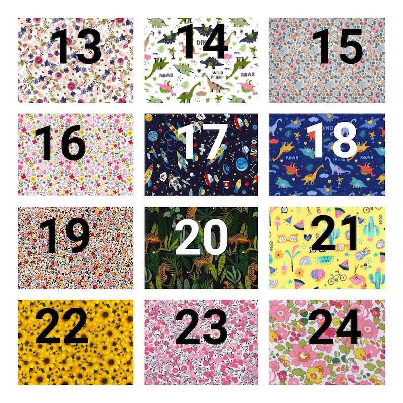 May include: A grid of twelve fabric swatches labeled 13 through 24, featuring various patterns including floral prints, dinosaurs on white and blue backgrounds, space themes, jungle animals, summer icons on yellow, and dense sunflower and pink flower designs.