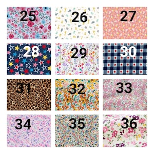 May include: A collage of 12 different fabric swatches with numbers 25 through 36. The fabrics feature a variety of patterns, including floral, geometric, and animal prints.