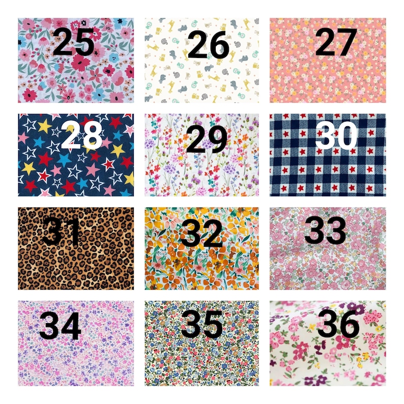 May include: A collage of 12 different fabric swatches with numbers 25 through 36. The fabrics feature a variety of patterns, including floral, geometric, and animal prints.