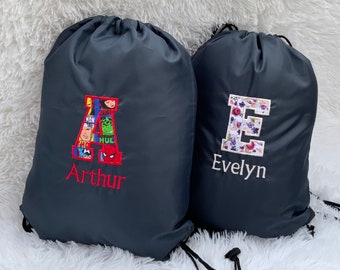 Personalised Embroidered Drawstring Gym Bag | Premium  Monogrammed Initial and Name PE  Back to school Water Resistant bag. Fast Delivery