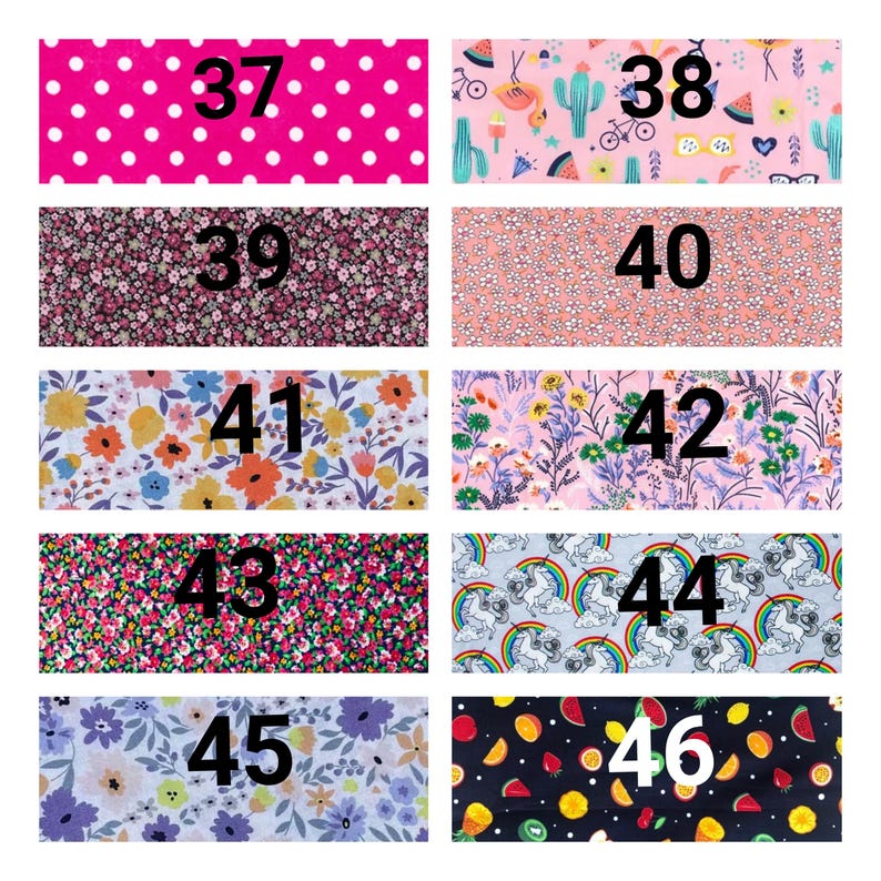 K&ouml;nnte beinhalten: Ein Raster aus zehn rechteckigen Stoffmustern, nummeriert von 37 bis 46. Die Muster umfassen rosa Punkte, tropische Symbole, kleine Blumenprints in Schwarz, Pfirsich und Wei&szlig;, bunte Wildblumen, florale Designs, Einh&ouml;rner mit Regenb&ouml;gen und Obstscheiben.