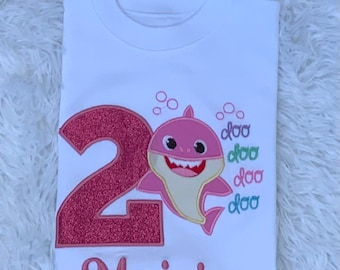 Personalised Baby shark birthday T-shirt | Girls embroidered birthday outfit | Shark birthday Top