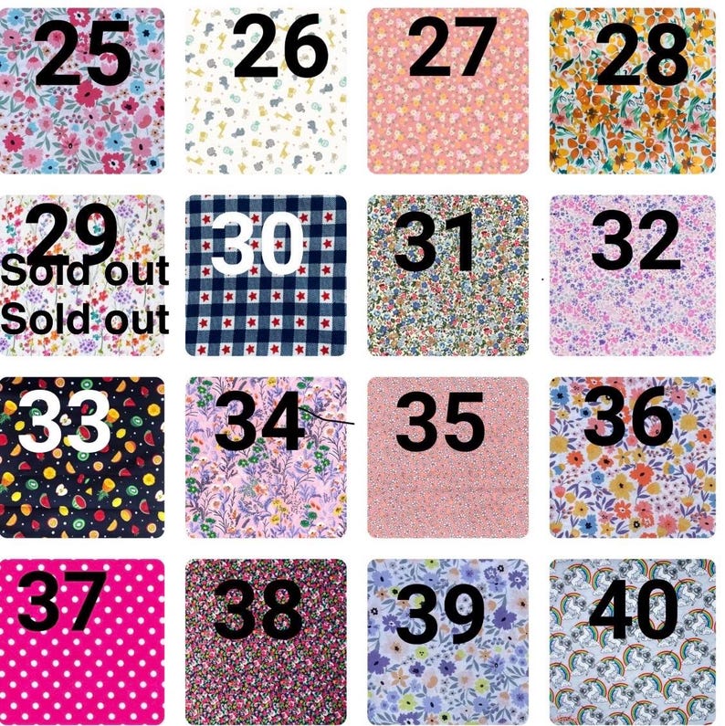 May include: A grid of sixteen fabric swatches labeled 25 through 40, featuring various patterns including floral prints, polka dots, fruit motifs, stars on a blue plaid background, and unicorn designs, with the text Sold out on swatch 29.