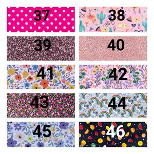 May include: A grid of ten rectangular fabric swatches labeled 37 through 46. Patterns include pink polka dots, tropical icons, small floral prints in black, peach, and white, colorful wildflower designs, bright floral patterns, unicorns with rainbows, and fruit slices.