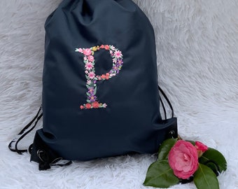 Personalised Embroidered Drawstring, Girls Floral Gym bag | kids Custom PE Water Resistant bag | birthday present | Fast Delivery