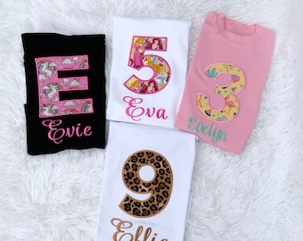 Personalised girls birthday T-shirt | Floral birthday top | embroidered age | leopard print T-shirt | unicorn T-shirt | party top