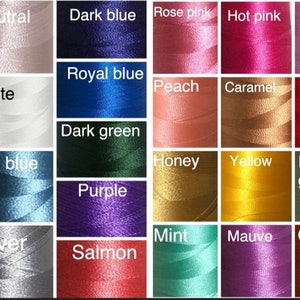 May include: A color chart displaying thirty-two individual squares of thread, each labeled with its corresponding color name including green, neutral, dark blue, rose pink, hot pink, pink, pale pink, dusty rose, white, royal blue, peach, caramel, red, turquoise, light blue, pale blue, dark green, honey, yellow, pale green, lavender, olive, purple, mint, mauve, orange, mustard, black, silver, and salmon.
