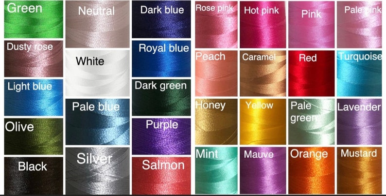 May include: A color chart displaying thirty-two individual squares of thread, each labeled with its corresponding color name including green, neutral, dark blue, rose pink, hot pink, pink, pale pink, dusty rose, white, royal blue, peach, caramel, red, turquoise, light blue, pale blue, dark green, honey, yellow, pale green, lavender, olive, purple, mint, mauve, orange, mustard, black, silver, and salmon.