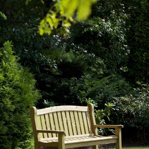 May include: A light brown wooden bench with a slatted back and armrests is positioned on a green lawn. The bench is surrounded by dense green foliage and trees, creating a tranquil outdoor scene. The bench is likely made of wood.