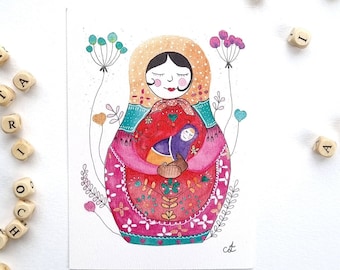 Illustration aquarelle colorée Matriochka rose poupée russe PRINT Format au choix