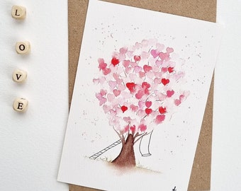 Carte postale illustration aquarelle Arbre des amoureux rose PRINT A6