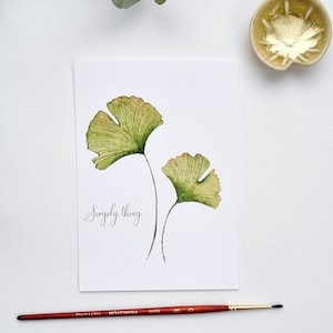 Illustration aquarelle botanique feuilles gingko vertes collection herbier PRINT A6/A5/A4 texte personnalisable
