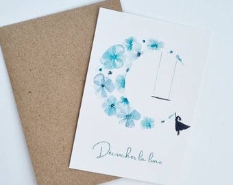 Carte postale illustration aquarelle lune bleue fleuri Decrocher la lune PRINT A6
