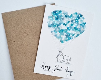 Carte postale illustration aquarelle coeur bleu Home sweet home PRINT A6/A5/A4